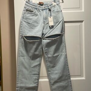 Judy Blue Straight Leg Blue Jeans with Distressed Design